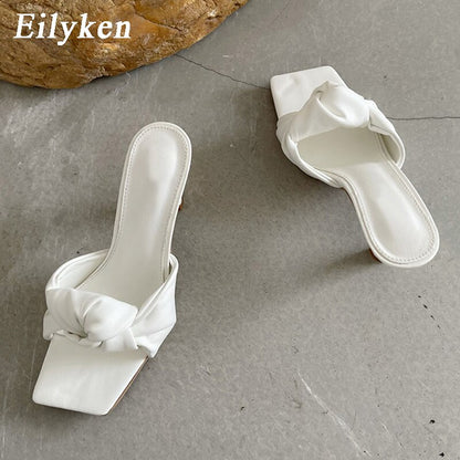 New Design Pleated PU Leather Women Slippers Square Toe High Heels Ladies Slides Summer Outdoor Fashion Dress Shoes