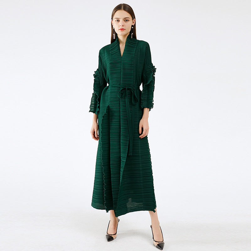 Spring And Summer Women's Catwalk Models Fungus Edge Long Sleeve Stitching Straps Pleated Dress