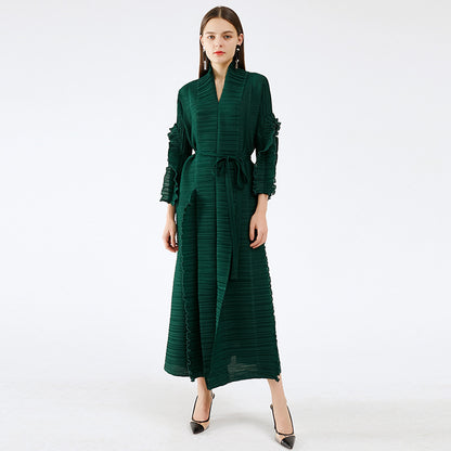 Spring And Summer Women's Catwalk Models Fungus Edge Long Sleeve Stitching Straps Pleated Dress