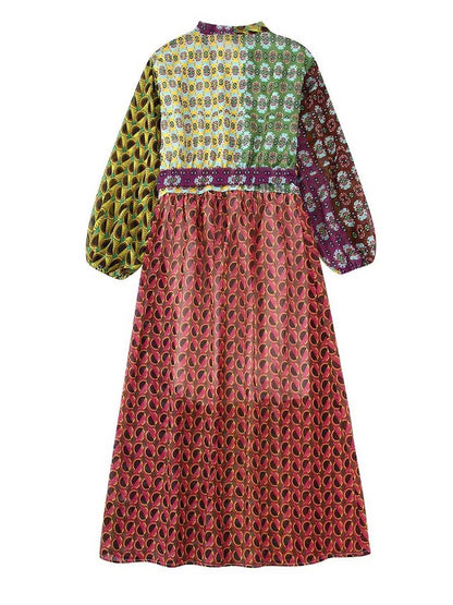Ladies French V-Neck Colorblock Puff Sleeve Print Midi Dress