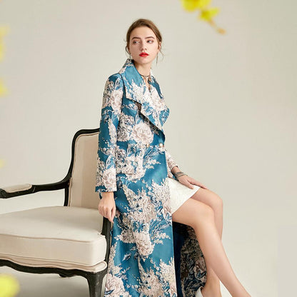 Spring and Autumn Ladies and Ladies Luxury Satin Jacquard Royal Sister Style Elegant Tall Long Trench Coat