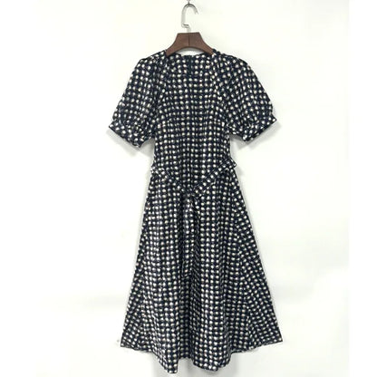 Plaid Printed Women's Lace-Up Loose Mid-Length Dress Round Neck Short Sleeve Ladies Casual Loose Age Reducing Robe