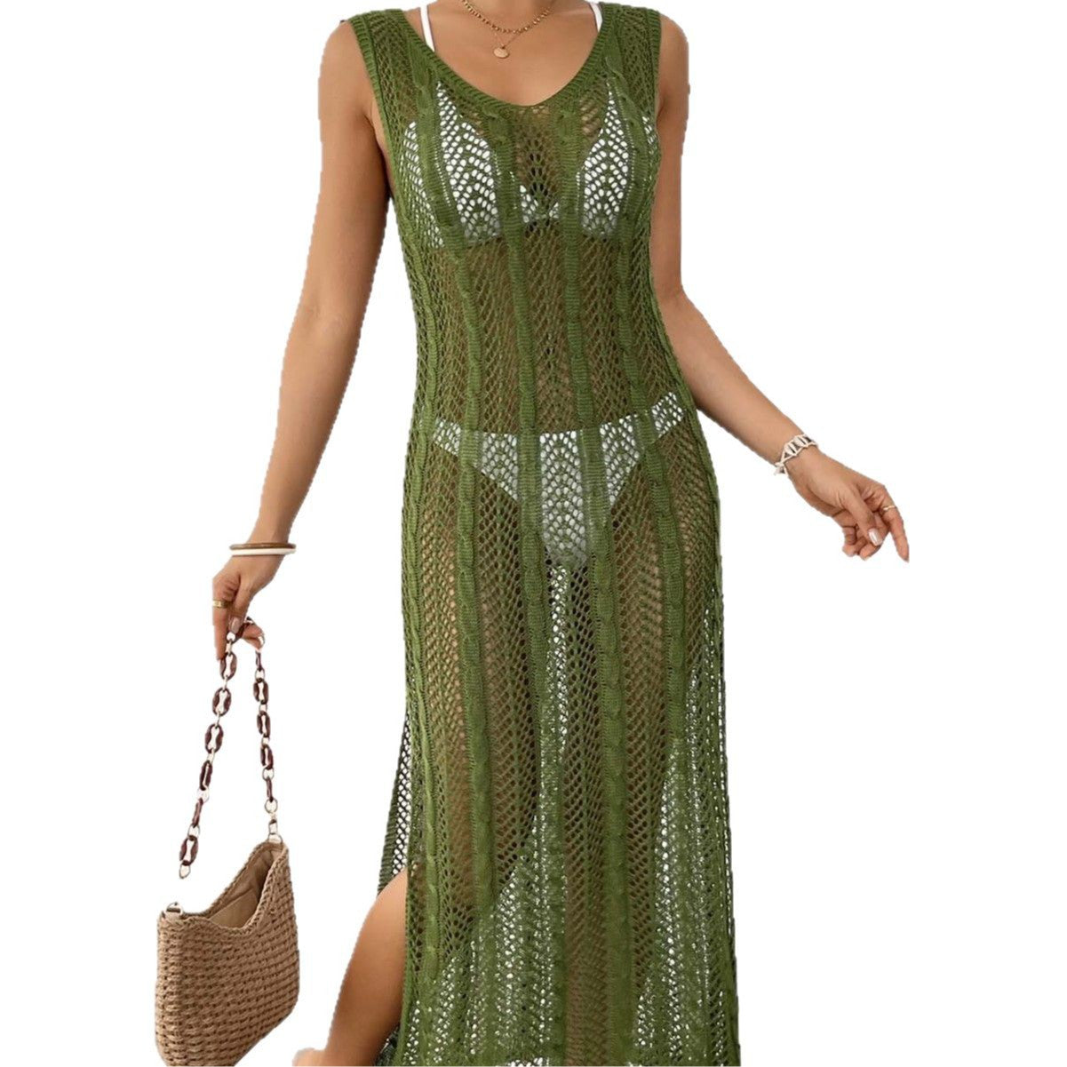 Ladies' Vacation Beach Dress, Hollow Knit Sleeveless Maxi Dress