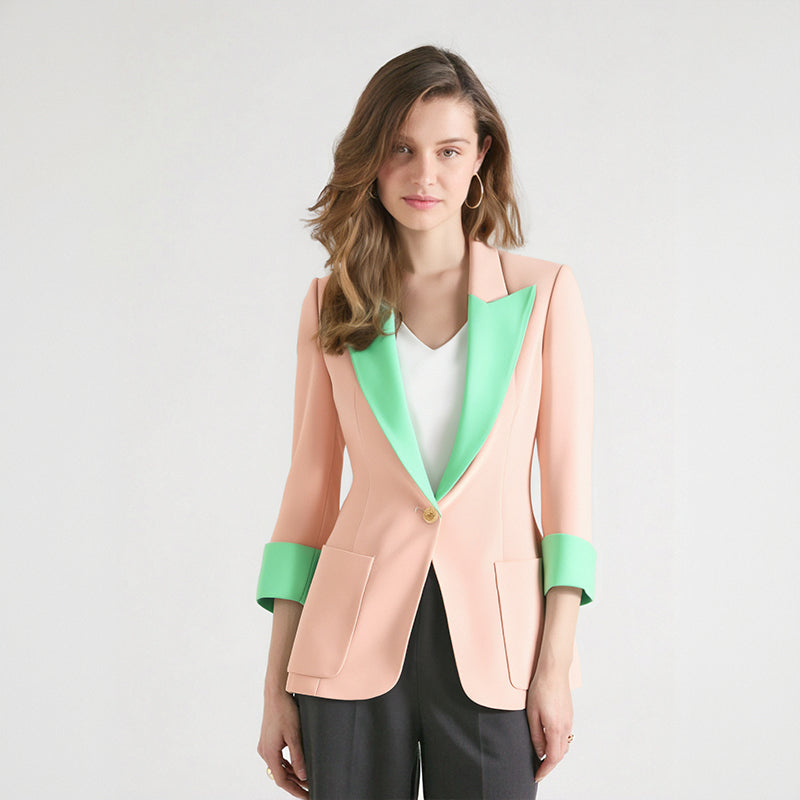 Splicing jacket for women spring and summer seven quarter sleeved suit jacket pink single breasted jacket commuting jacket