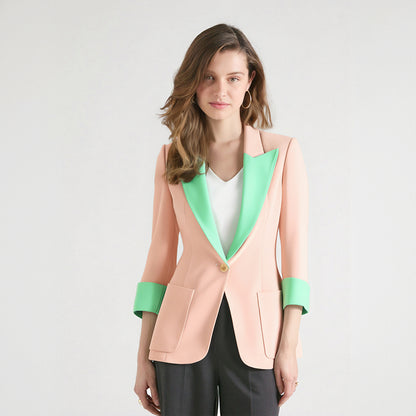 Splicing jacket for women spring and summer seven quarter sleeved suit jacket pink single breasted jacket commuting jacket