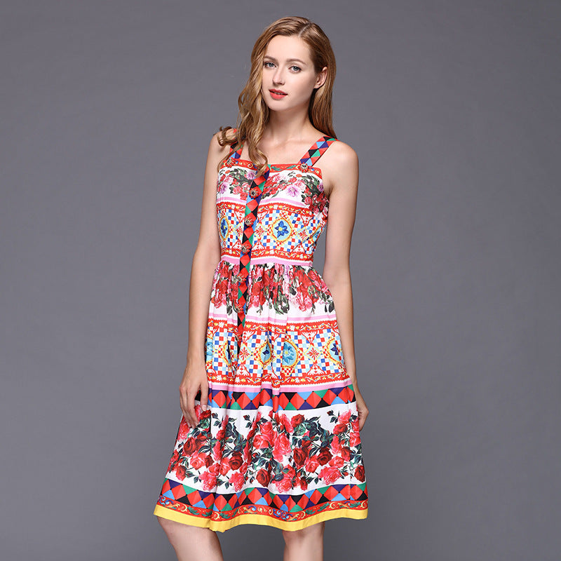 Spring/Summer New Simple Intarsia Polka Dot Aesthetic Ladies Print Sling Square Rose Dress