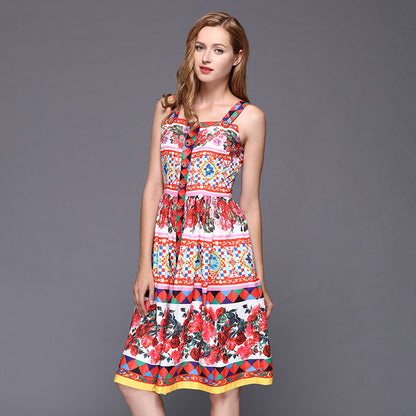 Spring/Summer New Simple Intarsia Polka Dot Aesthetic Ladies Print Sling Square Rose Dress