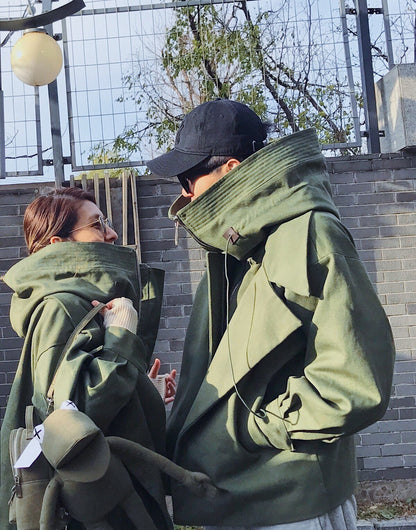 Fashion Women Jackets Solid Color Cotton Ladies Stand Collar Hooded Autumn New Winter Clothing Green Couple