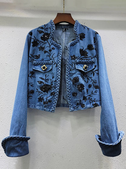 Women's Denim Coats Embroidery Sequins Flowers Buttonless Irregular Collar Twist Jackets  Summer New Fashion
