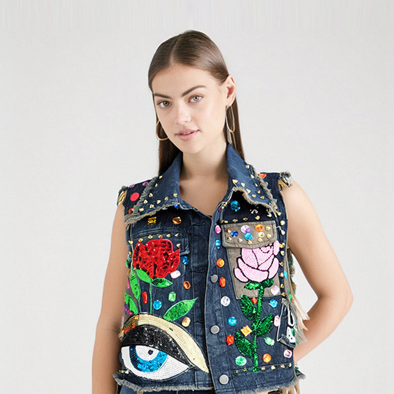 Vintage Lapel Single Breasted Sequin Diamond Flower Loose Contrasting Denim Vest Jackets Women Spring Summer