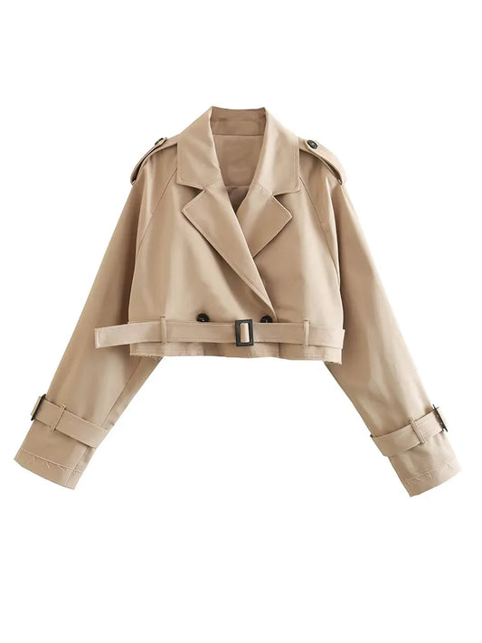 New Women Fashion With Belt Oversized Cropped Trench Coats Vintage Double Button Long Sleeve  Ladies Short Khaki Jacket