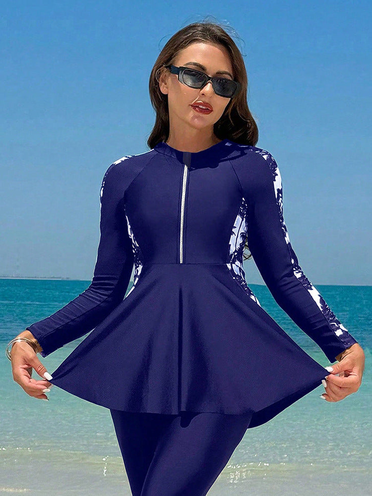 Style Printed Long Sleeve Zipper Swimwear Top for Women