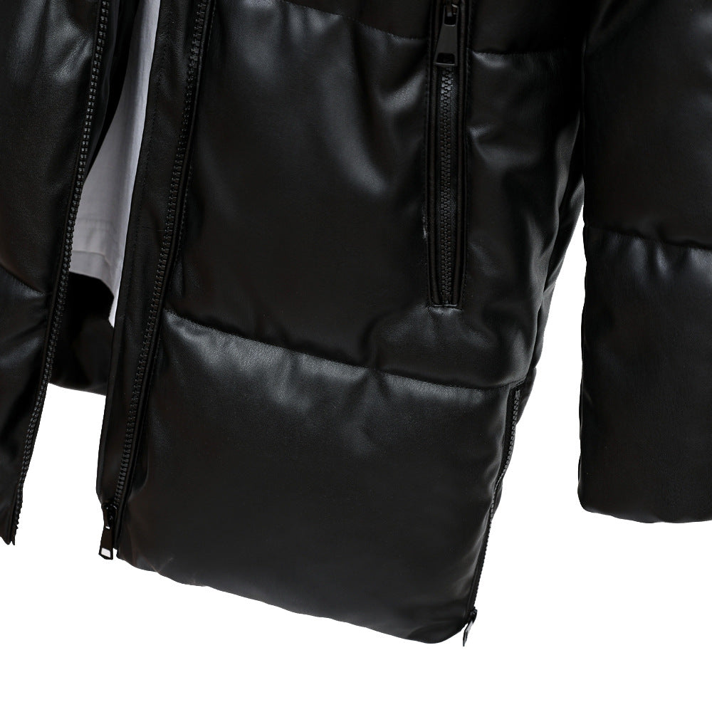 Hooded PU Leather Cotton Coat Ladies Mid-Length Leather Jacket Warm Padded Jacket