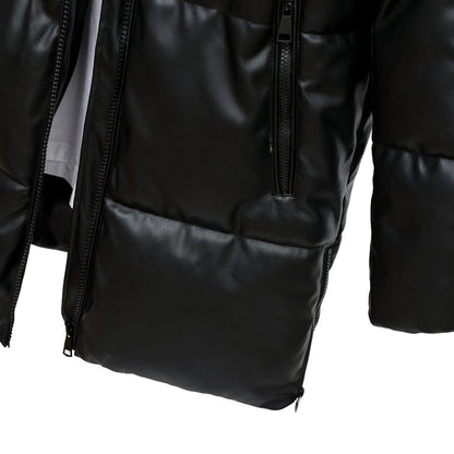 Hooded PU Leather Cotton Coat Ladies Mid-Length Leather Jacket Warm Padded Jacket