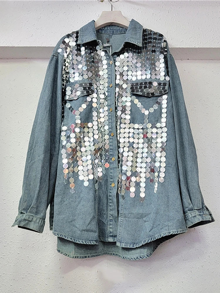 Women's Denim Shirt Loose Patchwork Full Sequins Single Breasted Blue Long Sleeve Blouse  Summer New Fashion