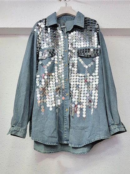 Women's Denim Shirt Loose Patchwork Full Sequins Single Breasted Blue Long Sleeve Blouse  Summer New Fashion