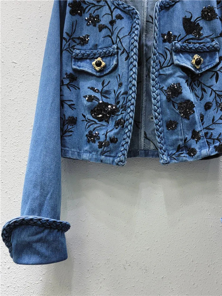 Women's Denim Coats Embroidery Sequins Flowers Buttonless Irregular Collar Twist Jackets  Summer New Fashion
