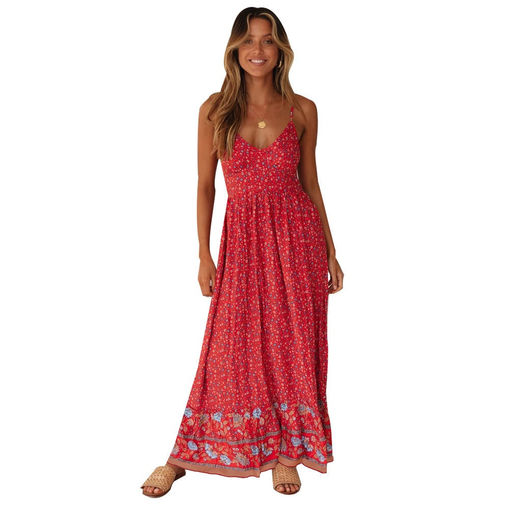 Summer Maxi Boho Dress Women Elegant Floral Dress Ladies Flower V-neck Sleeveless Strap Holiday Bohemian Dress