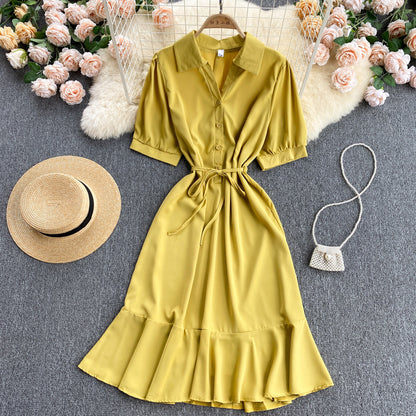 Ladies Shirt Collar Ruffle Midi Dress Summer New V-Neck Tie Versatile Dress