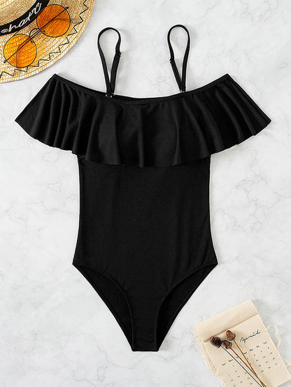 Conservative Strapless One-Shoulder Ruffle High-Waisted One-Piece Swimsuit Bikini