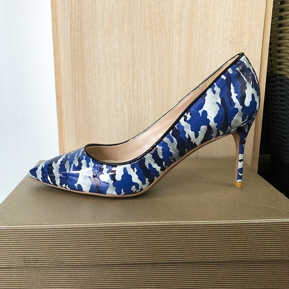 Tikicup Blue Women Patent Printed Pointy Toe High Heels 8cm 10cm 12cm Customize Ladies Chic Stiletto Pumps Slip On Dress Shoes