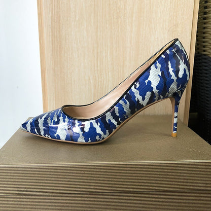 Tikicup Blue Women Patent Printed Pointy Toe High Heels 8cm 10cm 12cm Customize Ladies Chic Stiletto Pumps Slip On Dress Shoes