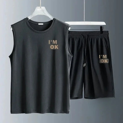 Men's Fashion Breathable Fitness Basketball Sports Quick-Drying 2-Piece Set, Sleeveless T-Shirt & Jogging Shorts