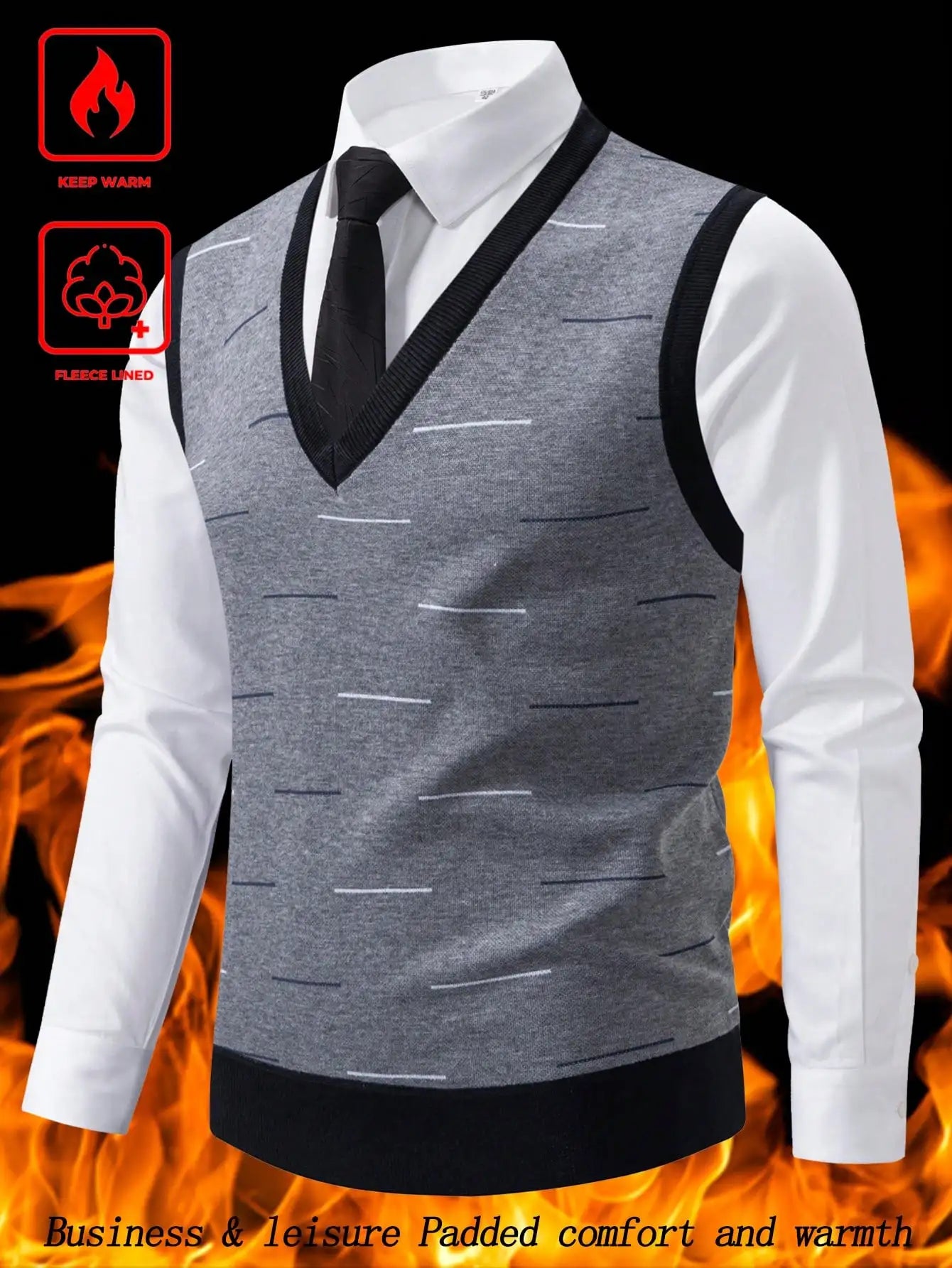 Men's V-Neck Thermal Lined Knit Vest for Business & Leisure, Warm Padded Sweater Vest with Stripe Pattern