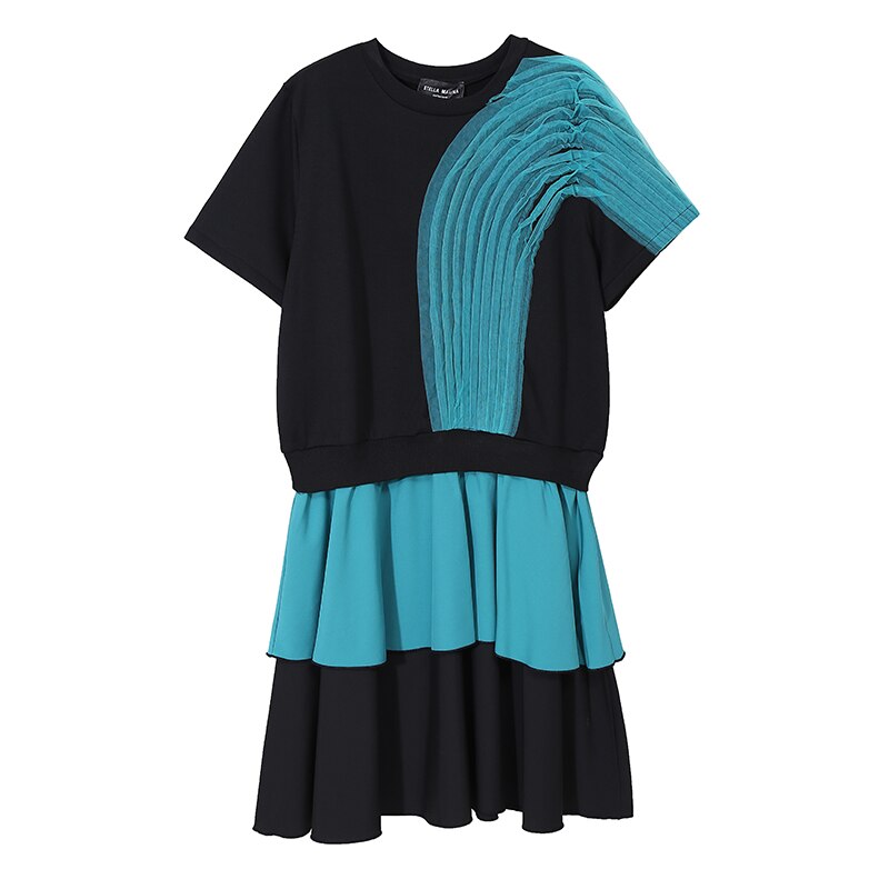 Woman Black Patchwork Dress O Neck Blue Ruffles Midi Ladies Cute Wear Casual Robe Femme Holida