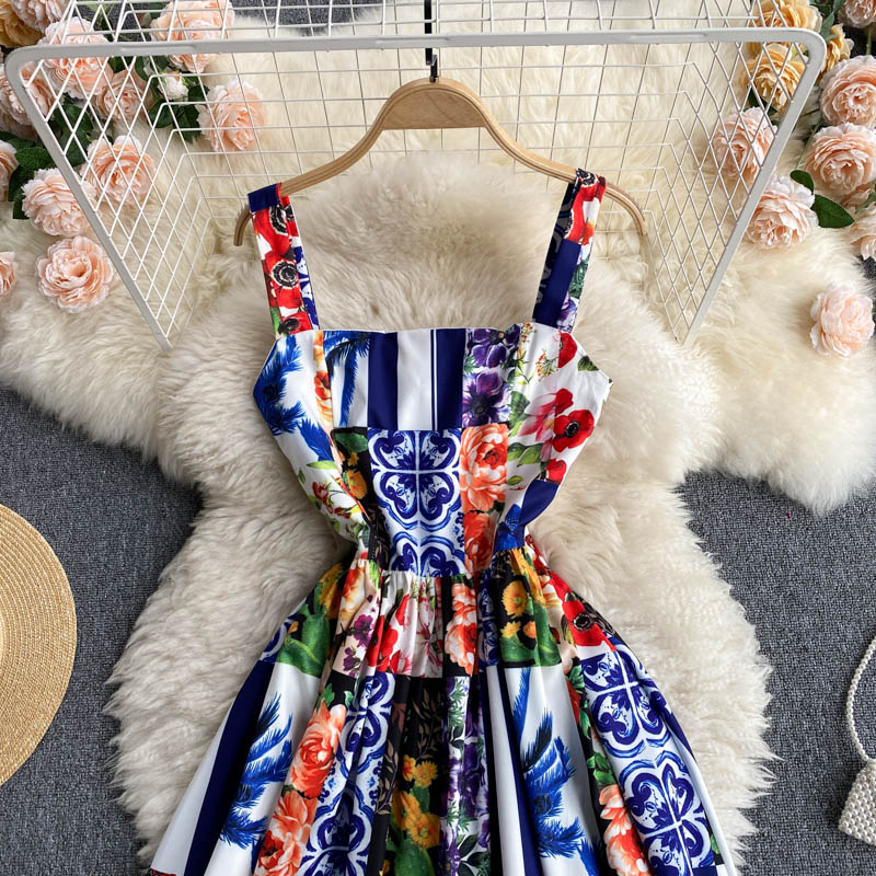 New Summer Retro Floral Print Elegant Women Sleeveless High-waisted Spaghetti Straps Dress Ladies Holiday Party Dresses