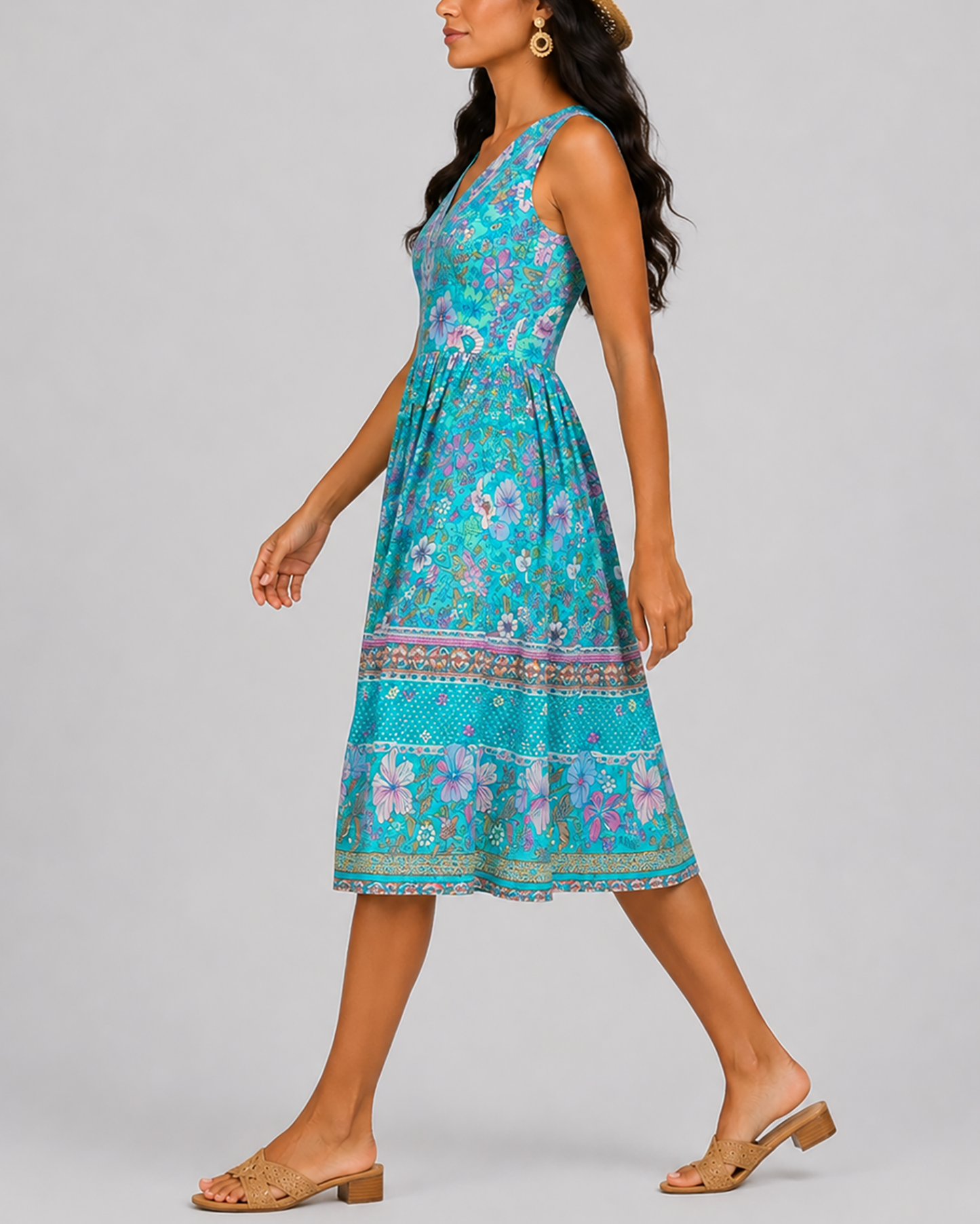 Women's Fashion Ethnic Style Blue Printed V-Neck Open Front Sleeveless Dress