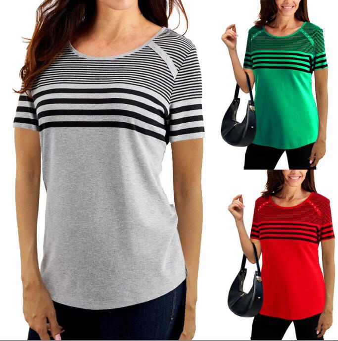 Spring And Summer New Style Round Neck Striped Short-Sleeved T-Shirt Top Casual Ladies Short Sleeve