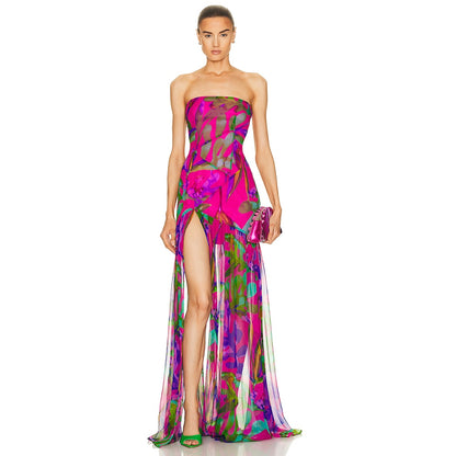 New Printed Strapless Mesh Splice Split Celebrity Party Ladies Sexy Sleeveless Printed Split Colorful Holiday Dress