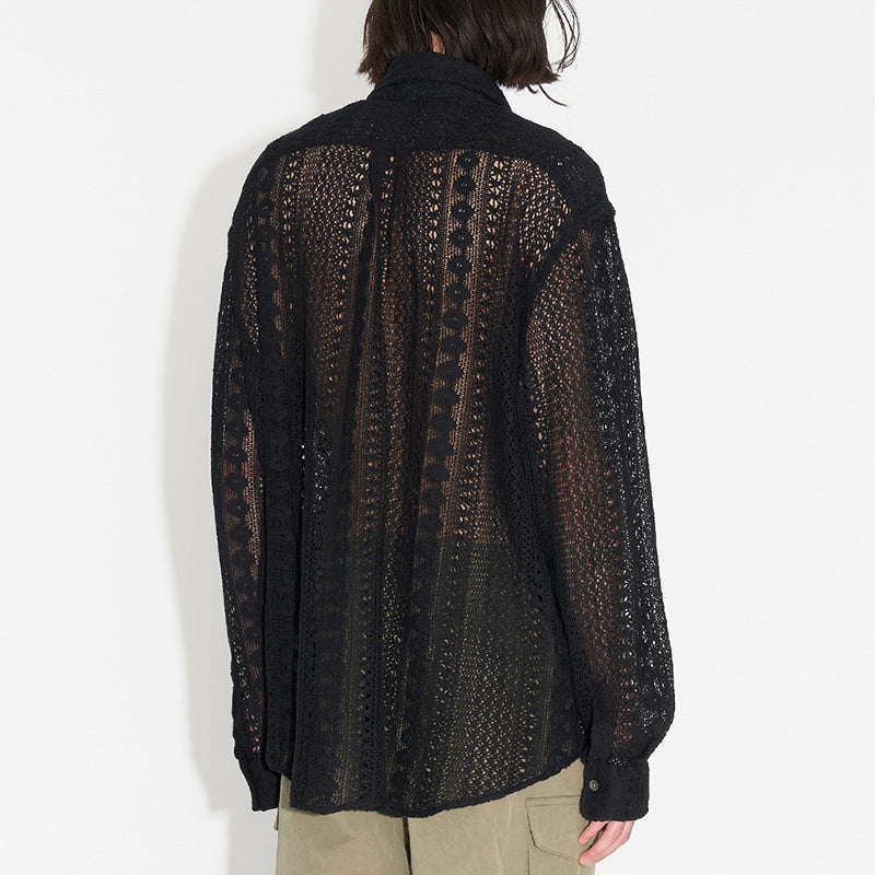 Casual Drapey Hollow Lace Shirt Men's Dress Shirt Men's Wear Summer Casual Fashion Trendy Top