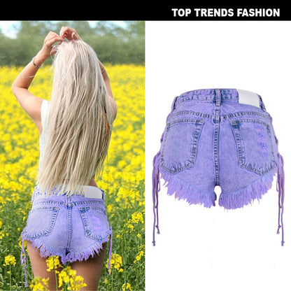 Women's Summer High Waist Breasted Frayed Double Side Straps Ladies Macaron Purple Denim Hot Pants