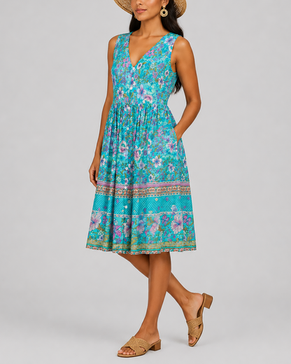 Women's Fashion Ethnic Style Blue Printed V-Neck Open Front Sleeveless Dress