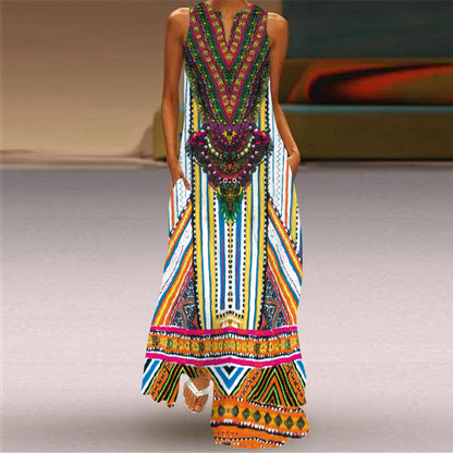 New Ladies Vintage Print Long Dress V-Neck Sleeveless Pocket Summer Sexy Dress