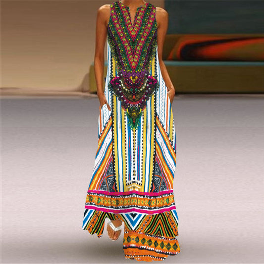 New Ladies Vintage Print Long Dress V-Neck Sleeveless Pocket Summer Sexy Dress