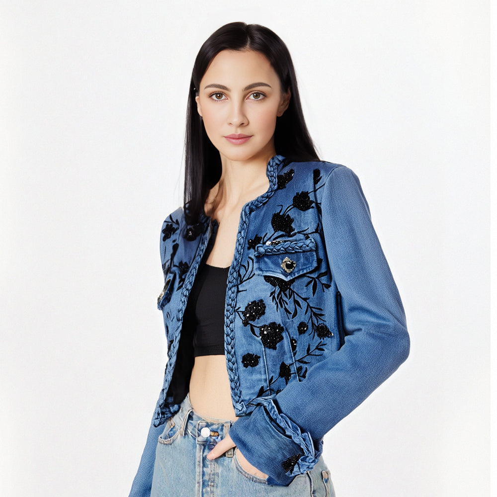 Women's Denim Coats Embroidery Sequins Flowers Buttonless Irregular Collar Twist Jackets  Summer New Fashion