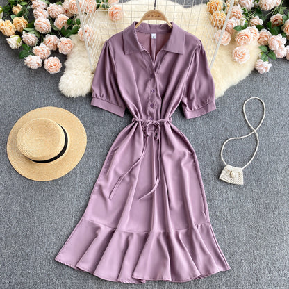 Ladies Shirt Collar Ruffle Midi Dress Summer New V-Neck Tie Versatile Dress