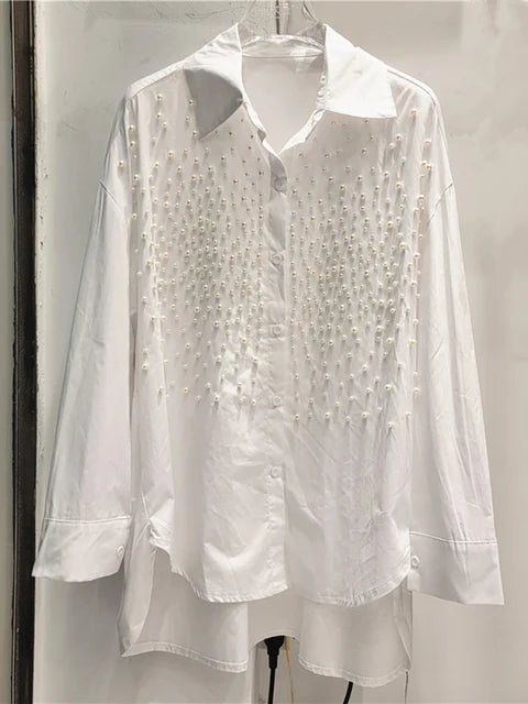 Women's Denim Shirt Loose Solid Color Full Pearls Single Breasted Female Causal Blouse Summer New Fashion