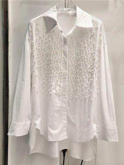 Women's Denim Shirt Loose Solid Color Full Pearls Single Breasted Female Causal Blouse Summer New Fashion