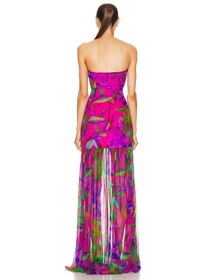New Printed Strapless Mesh Splice Split Celebrity Party Ladies Sexy Sleeveless Printed Split Colorful Holiday Dress