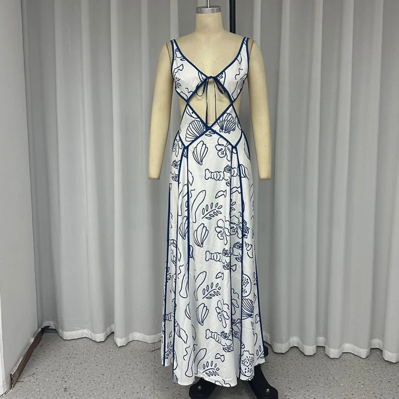Summer leisure vacation hollowed out print dress