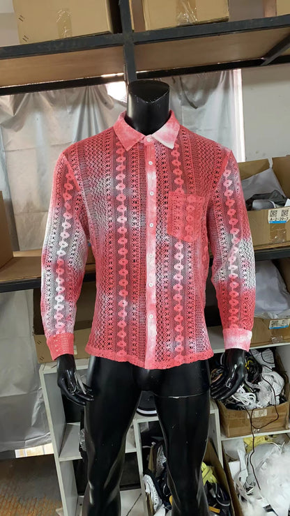 Casual Drapey Hollow Lace Shirt Men's Dress Shirt Men's Wear Summer Casual Fashion Trendy Top