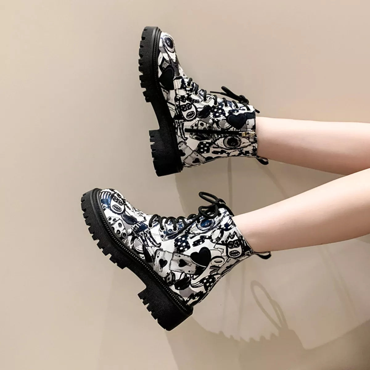 Graffiti Print Combat Boots : Colorful Street Art Design