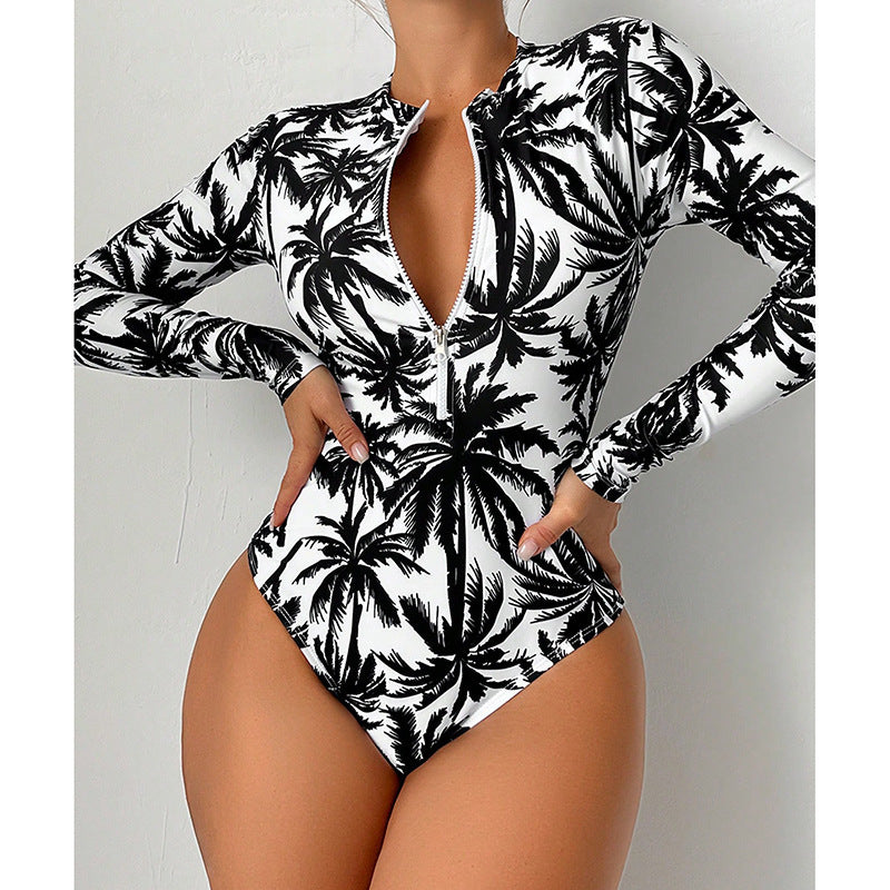 Printed  Long Sleeve Zipper Conservative Belly Coverage One-Piece Swimwear