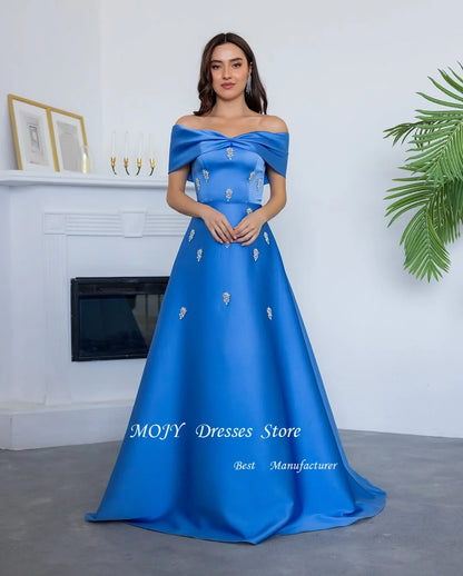 Mojy Royal Blue Off Shoulder luxurious women's Evening Dresses With Beads 2025 Aline Women Dubai Party Long Dress Customized