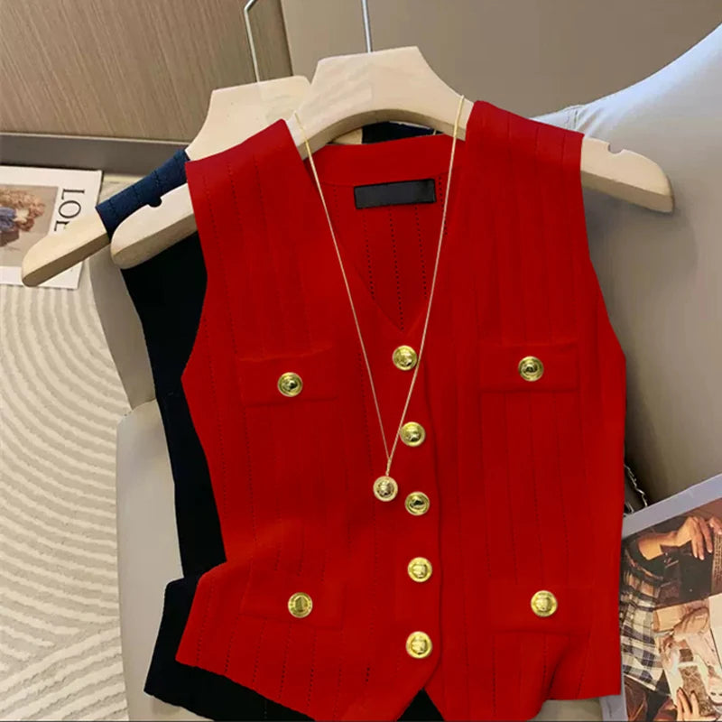 V-neck ice silk knitted vest women's summer new style French chic slim fit sleeveless top