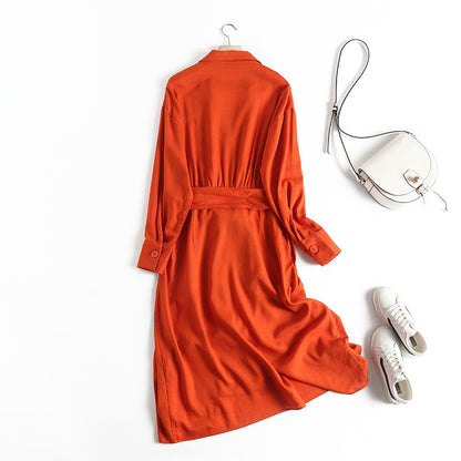 XNWMNZ Women's Fashion Solid Color Cotton Linen Slim Midi Dress with Belt Ladies Long Sleeve Elegant Long Dress Summer New Robe